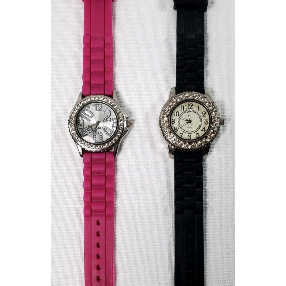 Y2K Accutime Watch Lot of 2 Quartz Pink & Black Silicone Bands Rhinestone Bezel